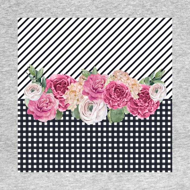 Pink floral Black Gingham / Pink roses / Black Pattern by allthumbs